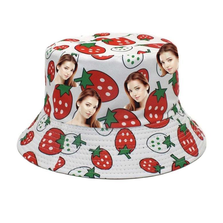 Strawberry Print Custom Face Photo Bucket Hat for Girl, Women, Wife, Hat Wear Cap Unisex Men's Sun Hat, Women's Sun Hat