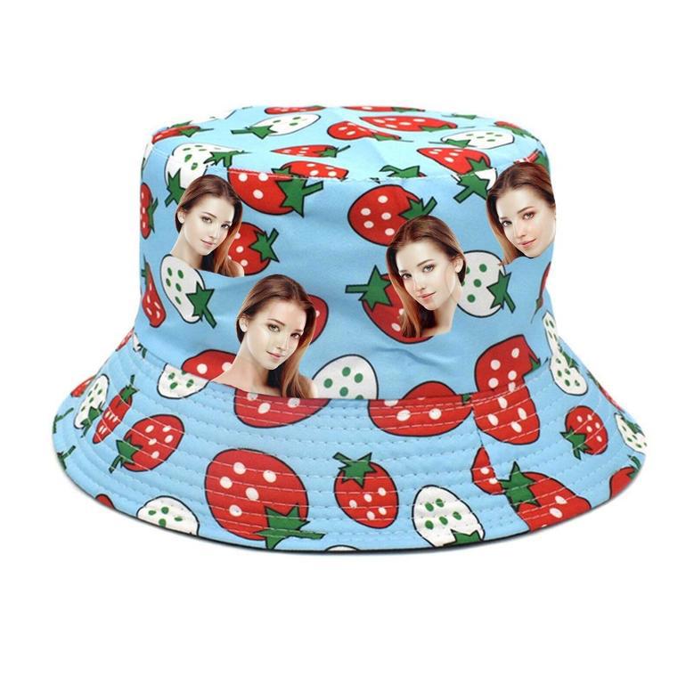 Strawberry Print Custom Face Photo Bucket Hat for Girl, Women, Wife, Hat Wear Cap Unisex Men's Sun Hat, Women's Sun Hat