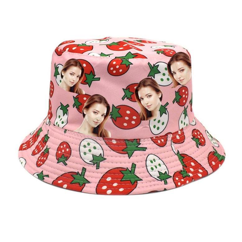 Strawberry Print Custom Face Photo Bucket Hat for Girl, Women, Wife, Hat Wear Cap Unisex Men's Sun Hat, Women's Sun Hat