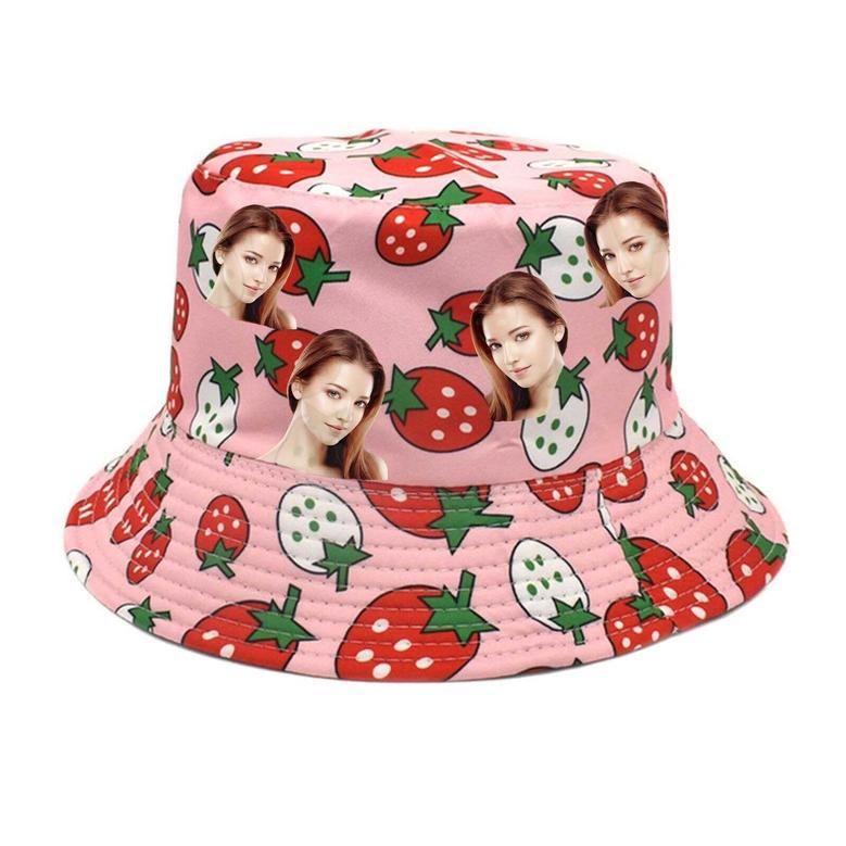 Strawberry Print Custom Face Photo Bucket Hat for Men, Boy, Husband, Summer Men Sun Hat