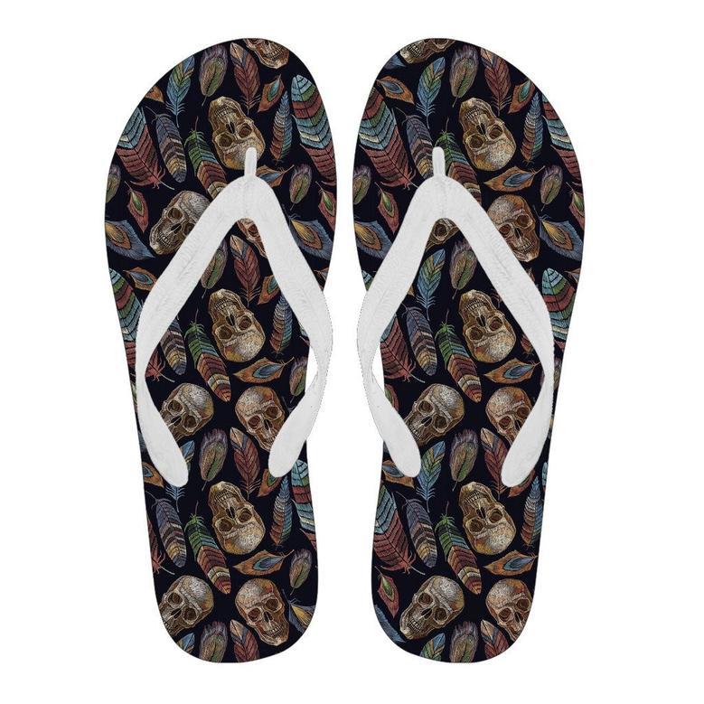 Sugar Skull Skeleton Girly Feather Boho Pattern Print Men & Women Flip Flops