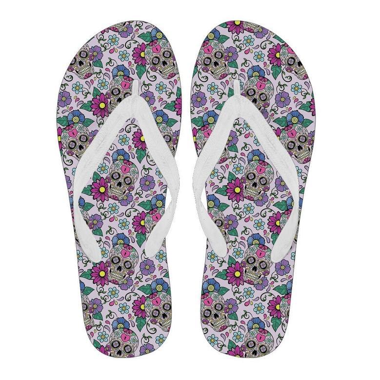 Sugar Skull Skeleton Girly Floral Pattern Print Men & Women Flip Flops