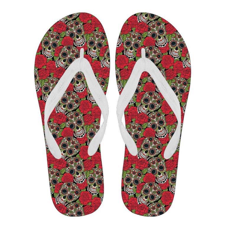 Sugar Skull Skeleton Girly Floral Rose Pattern Print Men & Women Flip Flops