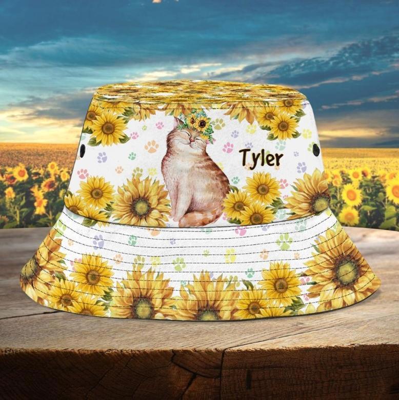 Sunflowers Cat Bucket Hat for Cat Lovers, Custom Name Dog Mom Summer Hats