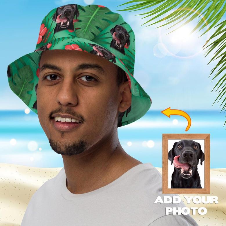 Trident Green Hawaiian Custom Dog Photo Bucket Hat for Dog Lovers, Dog Mom, Dog Cat