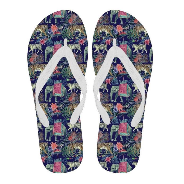 Tropical Palm Leave Peacock Tiger Elephant Men & Women Flip Flops