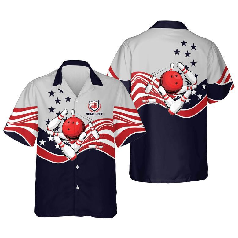 USA Bowling Button-Down Short Sleeve Hawaiian Shirt, Custom Name Bowling Shirt