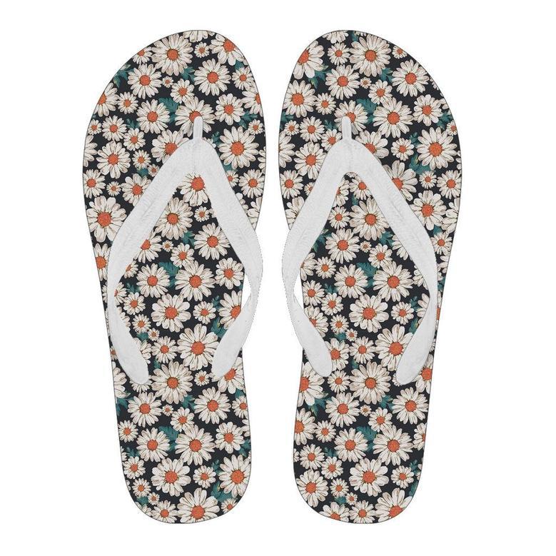 White Cute Daisy Pattern Print Men & Women Flip Flops