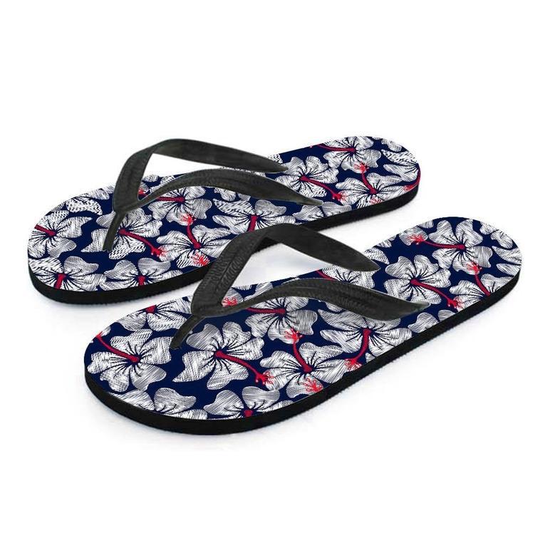 White Hibiscus Tropical Floral Hawaiian Print Men's Flip Flops