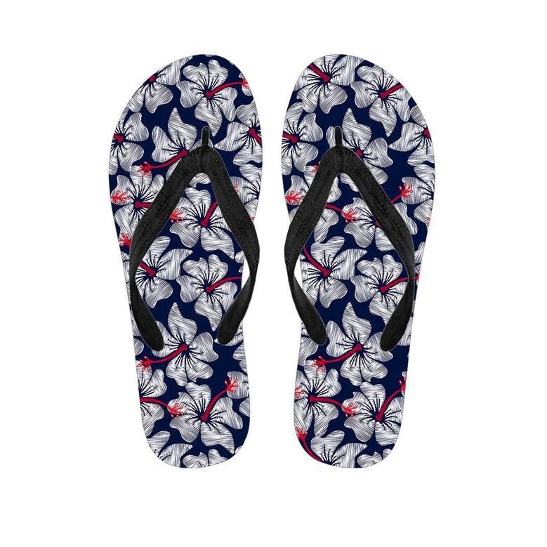 White Hibiscus Tropical Floral Hawaiian Print Men's Flip Flops