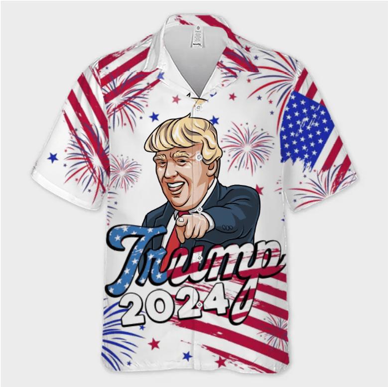 2024 We're Here With Trump US Election Unisex Tropical Hawaiian Aloha Shirt Summer Vacation Gift For Trump Supporters