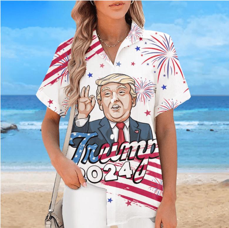 2024 We're Here With Trump US Election Unisex Tropical Hawaiian Aloha Shirt Summer Vacation Gift For Trump Supporters