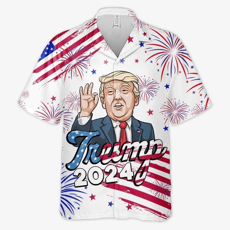 2024 We're Here With Trump US Election Unisex Tropical Hawaiian Aloha Shirt Summer Vacation Gift For Trump Supporters