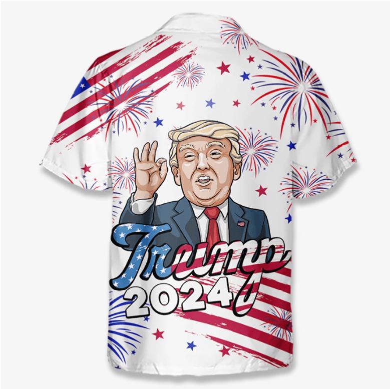 2024 We're Here With Trump US Election Unisex Tropical Hawaiian Aloha Shirt Summer Vacation Gift For Trump Supporters