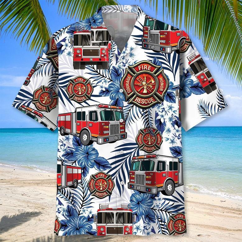 Blue Flowers Firefighter Proud Tropical Hawaiian Shirt for Fireman, Firefighters Summer Beach Shirt