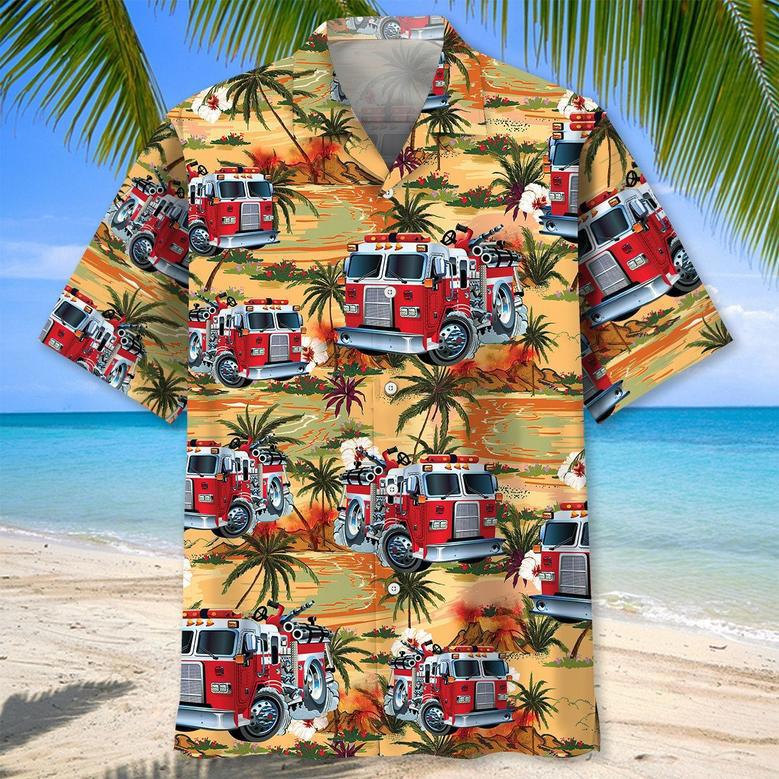 Blue Flowers Firefighter Proud Tropical Hawaiian Shirt for Fireman, Firefighters Summer Beach Shirt