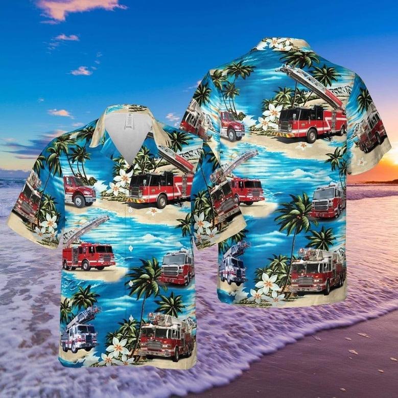 Blue Flowers Firefighter Proud Tropical Hawaiian Shirt for Fireman, Firefighters Summer Beach Shirt