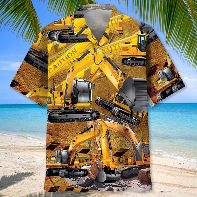 Blue Tropical Excavator Hawaiian Shirt for Mem, Husband, Excavator Summer Beach Shirt