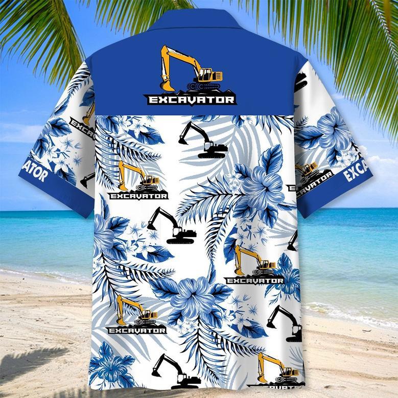 Blue Tropical Excavator Hawaiian Shirt for Mem, Husband, Excavator Summer Beach Shirt