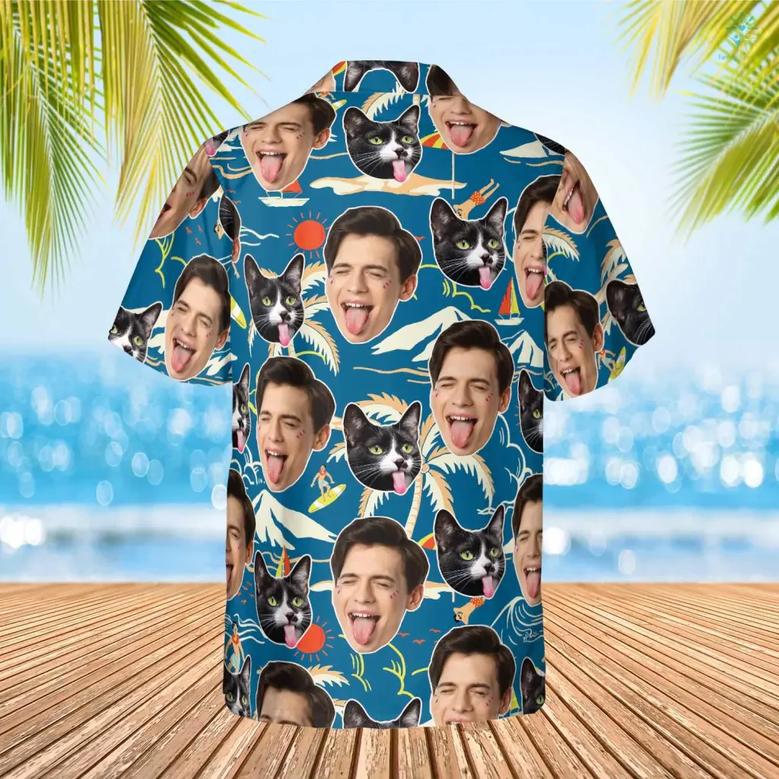 Blue Tropical Island Hawaiian Funny Custom Photo People and Pet Summer Shirt Beach Hawaiian Casual Button Down Short Sleeve Hawaiian Shirt