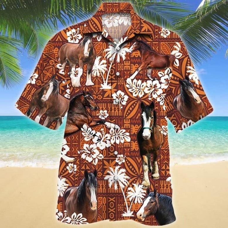 Brown Horse Red Floral US Flag Hawaiian Shirt for Women, Men, Horse Lovers