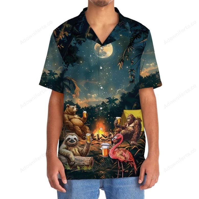 Camping Bigfoot Bear Sloth Flamingo Hawaiian Shirt, Summer Hawaii Shirt Gift For Campers