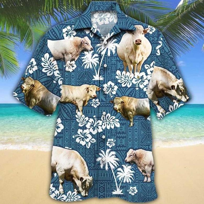 Charolais Cattle American Flag Hawaiian Flowers Hawaiian Shirt for Men Summer Vibes