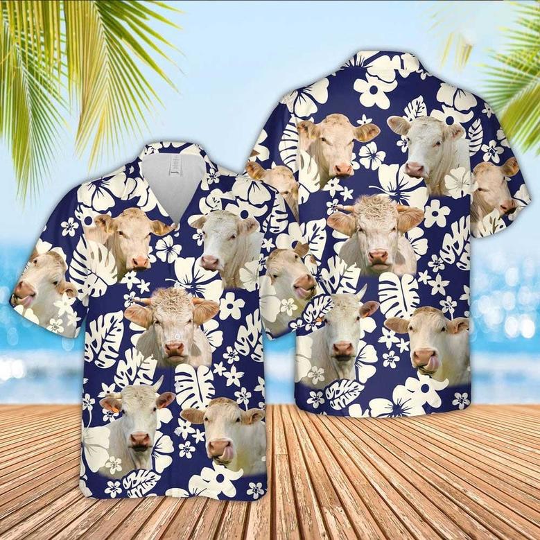 Charolais Cattle Flowers Hawaiian Shirt for Women, Farm Bestie Charolais Tropical Hawaiian Shirt