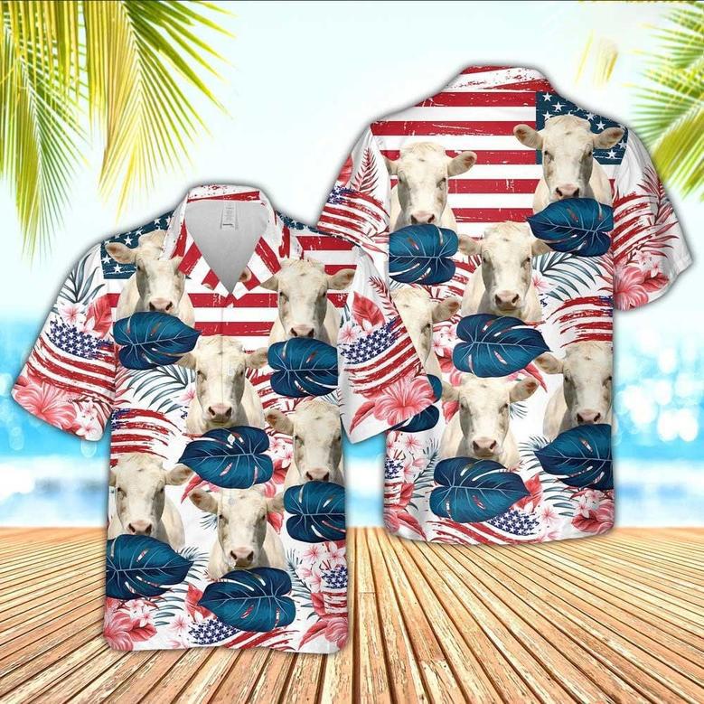 Charolais Red Floral US Flag Hawaiian Shirt for Women, Men, Charolais Lovers