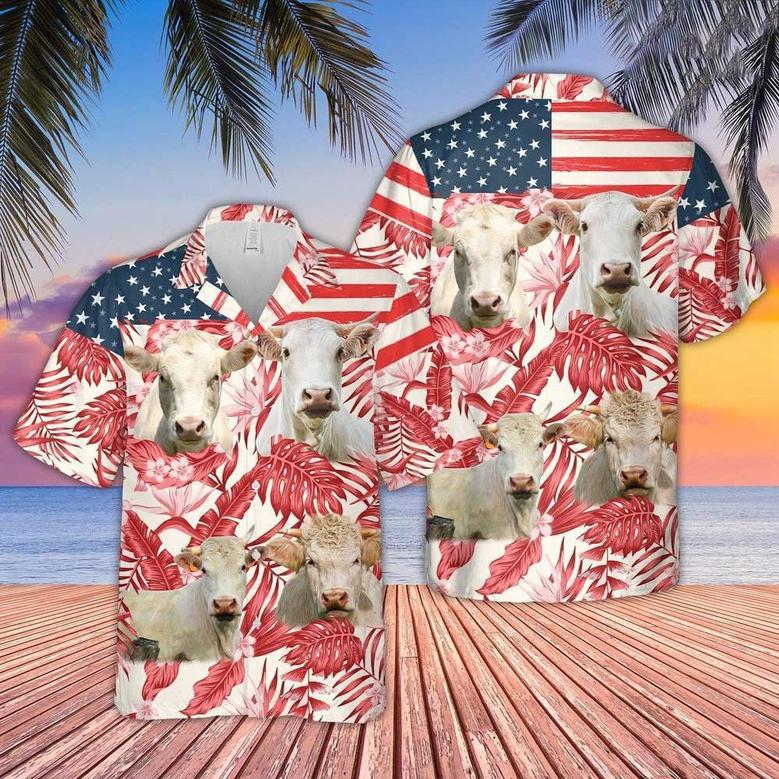 Charolais Red Floral US Flag Hawaiian Shirt for Women, Men, Charolais Lovers