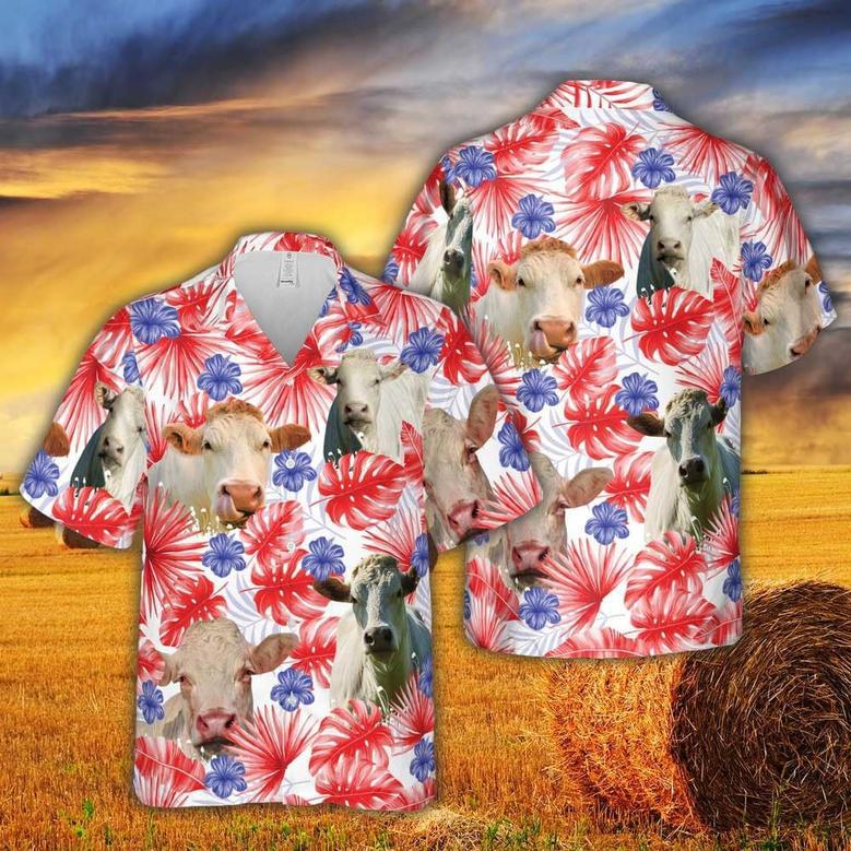 Charolais Red Floral US Flag Hawaiian Shirt for Women, Men, Charolais Lovers