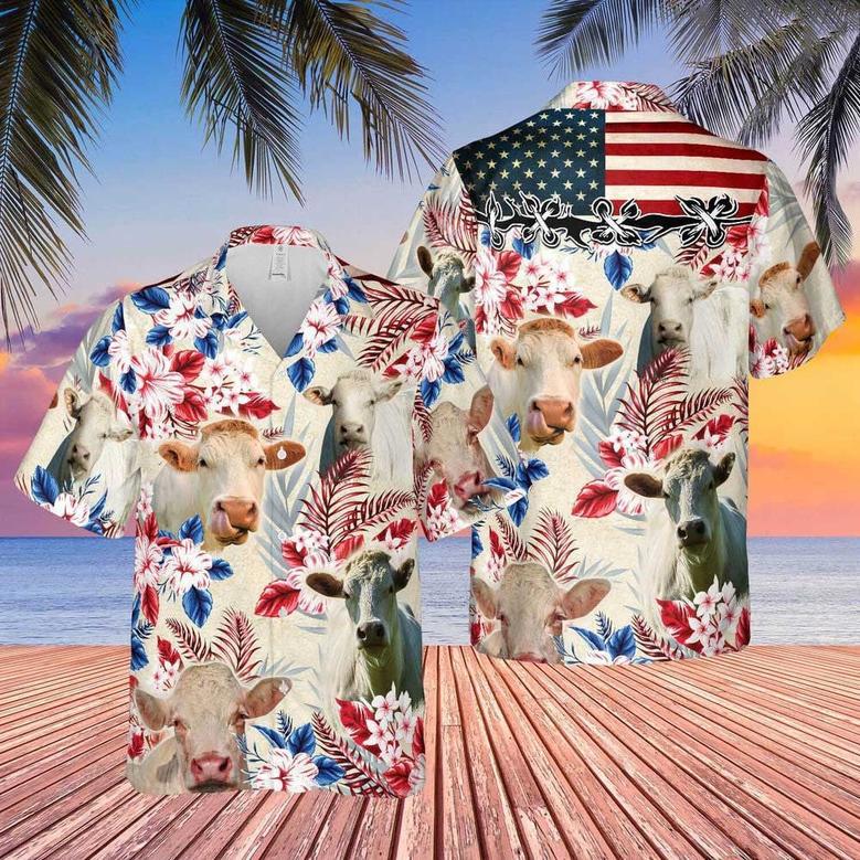 Charolais Red Floral US Flag Hawaiian Shirt for Women, Men, Charolais Lovers