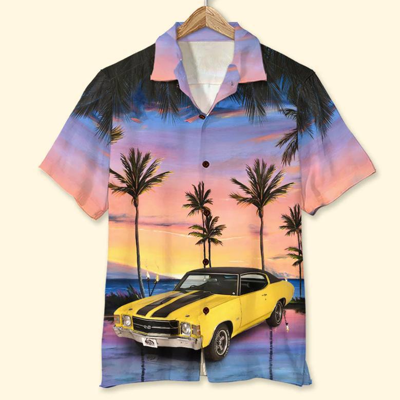 Custom Car Photo Hawaiian Shirt, Aloha Shirt, Sunset Beach Pattern, Perfect Hawaiian Shirt for Man, Car Lover