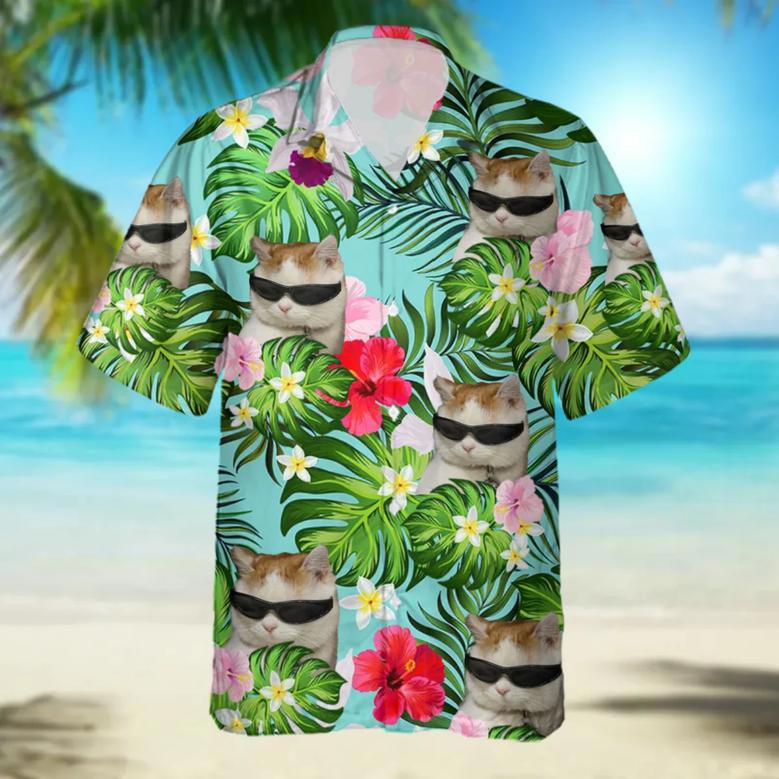 Custom Cat Photo floral Hawaiian Shirt, Summer Gift, Short Sleeve Aloha Beach Shirt, Cat Hawaiian Shirt for Men, Women