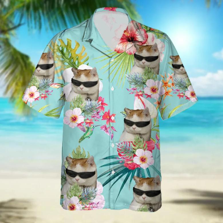 Custom Cat Photo floral Hawaiian Shirt, Summer Gift, Short Sleeve Aloha Beach Shirt, Cat Hawaiian Shirt for Men, Women