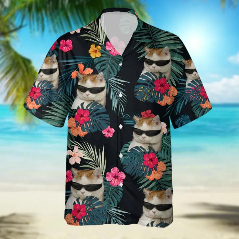 Custom Cat Photo floral Hawaiian Shirt, Summer Gift, Short Sleeve Aloha Beach Shirt, Cat Hawaiian Shirt for Men, Women