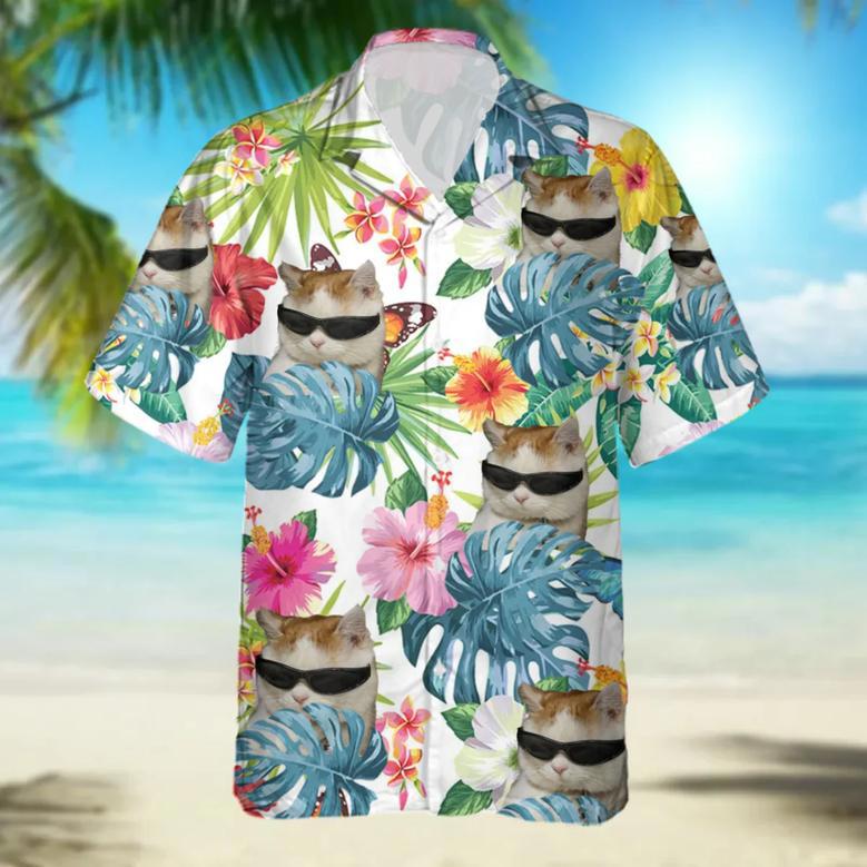 Custom Cat Photo floral Hawaiian Shirt, Summer Gift, Short Sleeve Aloha Beach Shirt, Cat Hawaiian Shirt for Men, Women