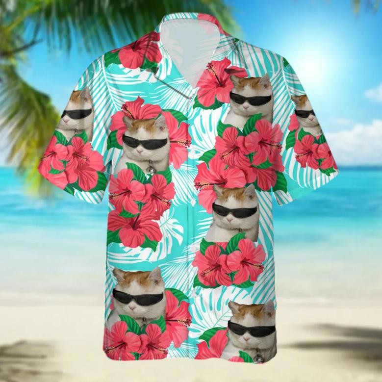 Custom Cat Photo floral Hawaiian Shirt, Summer Gift, Short Sleeve Aloha Beach Shirt, Cat Hawaiian Shirt for Men, Women