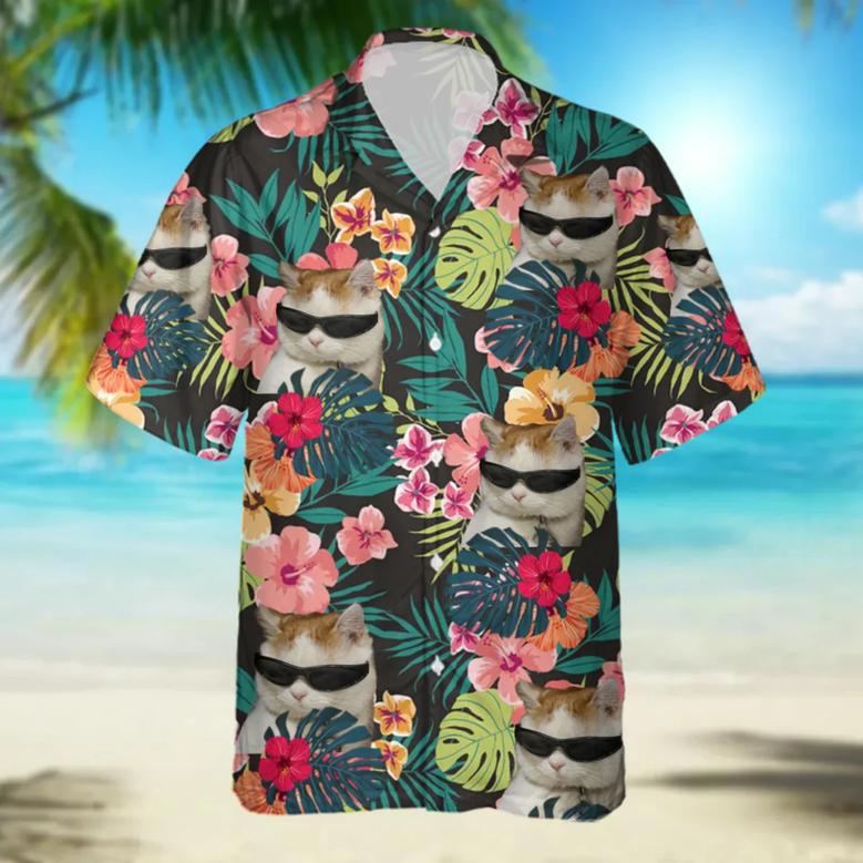 Custom Cat Photo floral Hawaiian Shirt, Summer Gift, Short Sleeve Aloha Beach Shirt, Cat Hawaiian Shirt for Men, Women