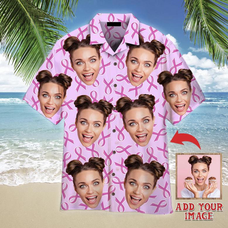 Custom Face On Breast Cancer Ribbons Awareness Custom Hawaiian Shirt, Personalized Hawaiian Shirts, Custom Photo Hawaiian Shirt