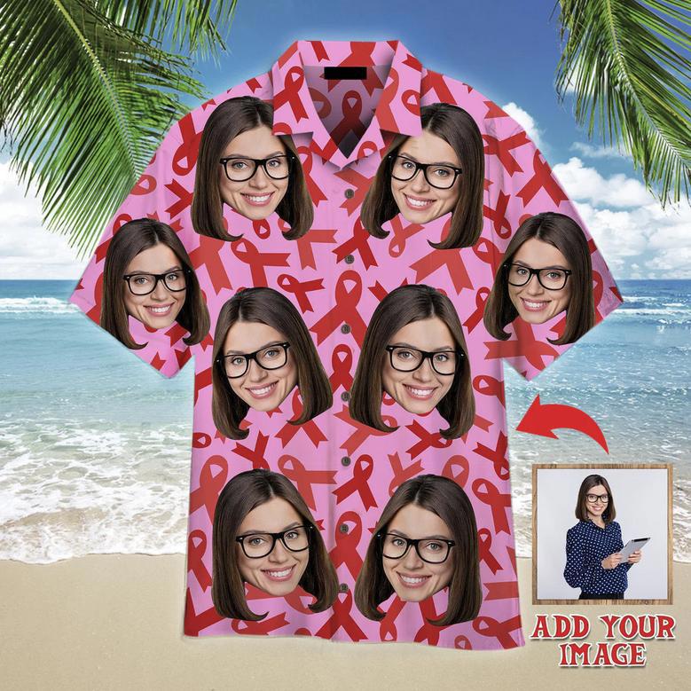 Custom Face On Breast Cancer Ribbons Awareness Custom Hawaiian Shirt, Personalized Hawaiian Shirts, Custom Photo Hawaiian Shirt