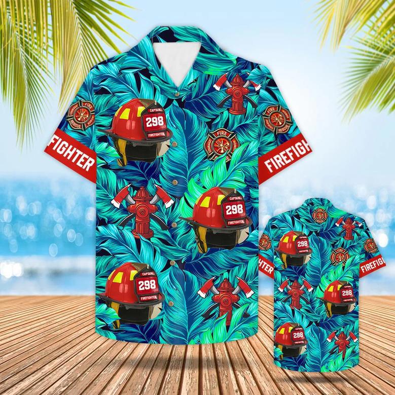 Custom Hawaiian Shirt Gift For Firefighter Personalized Gifts For Fireman Firefighter Helmet Tropical Pattern Hawaiian Shirt