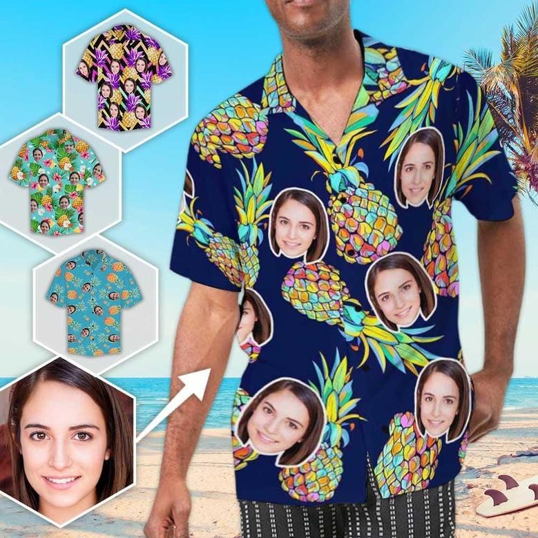 Custom Hawaiian Shirts with Face Design Your Own Hawaiian Shirt Blue Pineapple Gift for Men Women