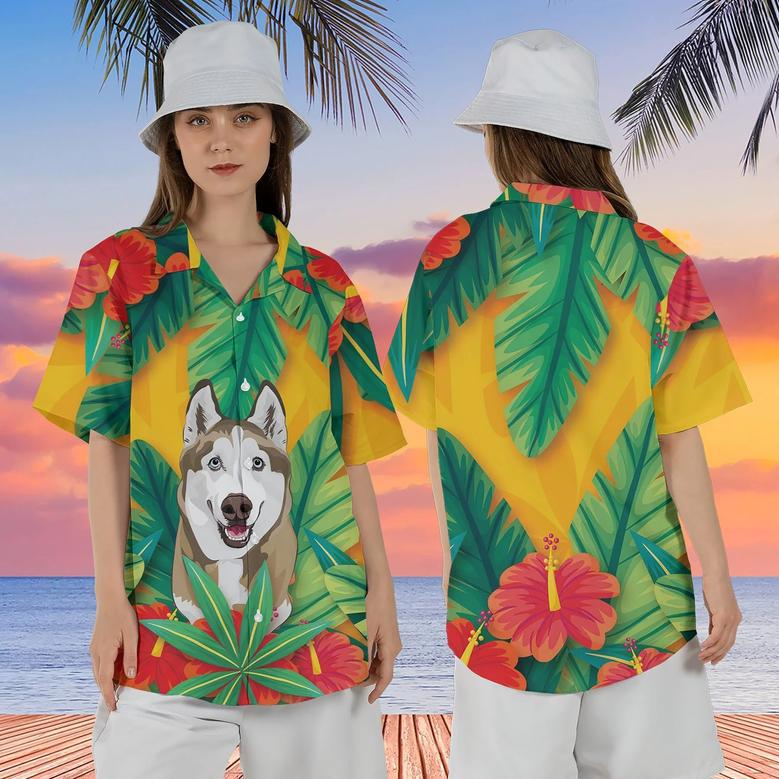 Custom Photo Dog Hawaiian Shirt, Green and Yellow Hawaii Shirt with Hand-Painted Pet Face, Tropical Print Shirts