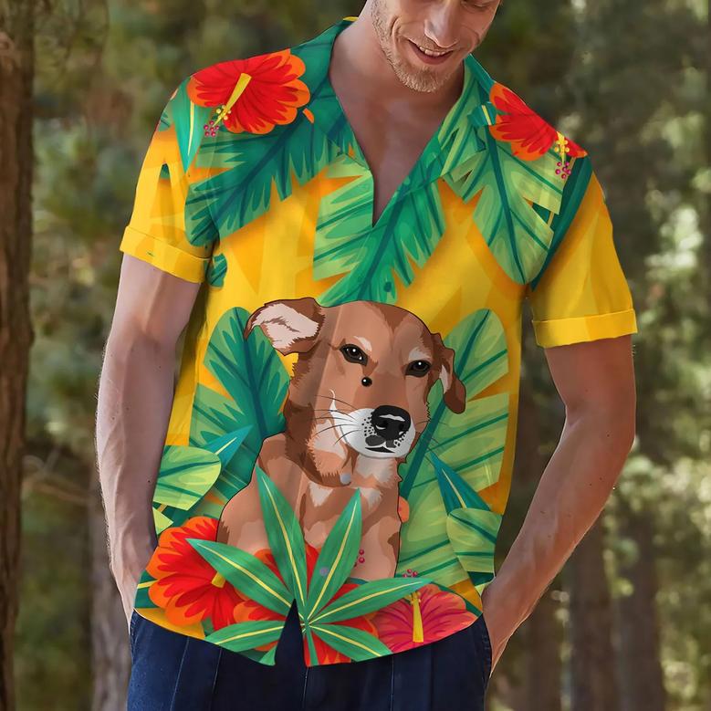 Custom Photo Dog Hawaiian Shirt, Green and Yellow Hawaii Shirt with Hand-Painted Pet Face, Tropical Print Shirts