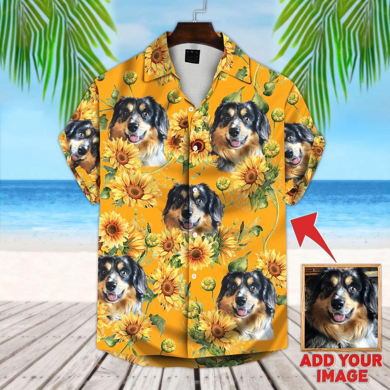 Custom Photo Dog Sunflower & Green Pattern Short-Sleeve Hawaiian Shirt, Perfect Shirt for Dog Lovers