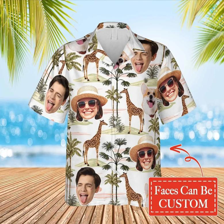 Custom Photo Family Funny Giraffe Palm Tree Hawaiian Shirt, Custom Hawaiian Shirt, Gift for Men Women