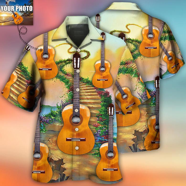 Custom Photo Guitar Daisy White Pattern All Over Print Hawaiian Shirt, Musician Shirt, Guitar Shirt