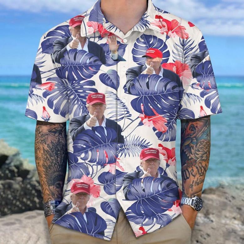 Custom Photo Trump Face Hawaiian Shirt, Donald Trump Tropical Flower Hawaiian Shirt