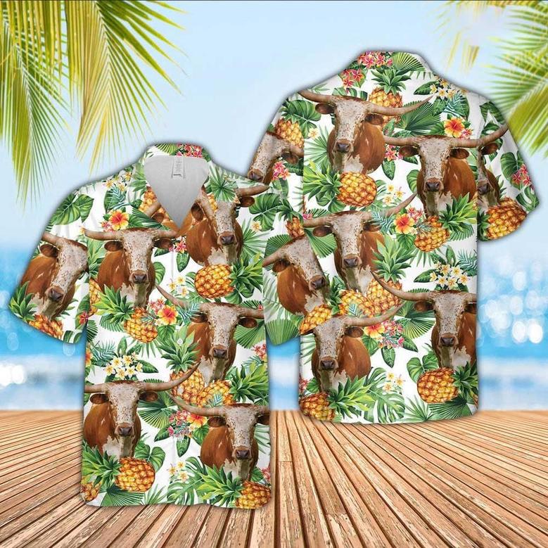 Custom Texas Longhorn Cattle US Flag Flowers Hawaiian Shirt for Farmers, Texas Longhorn Lovers